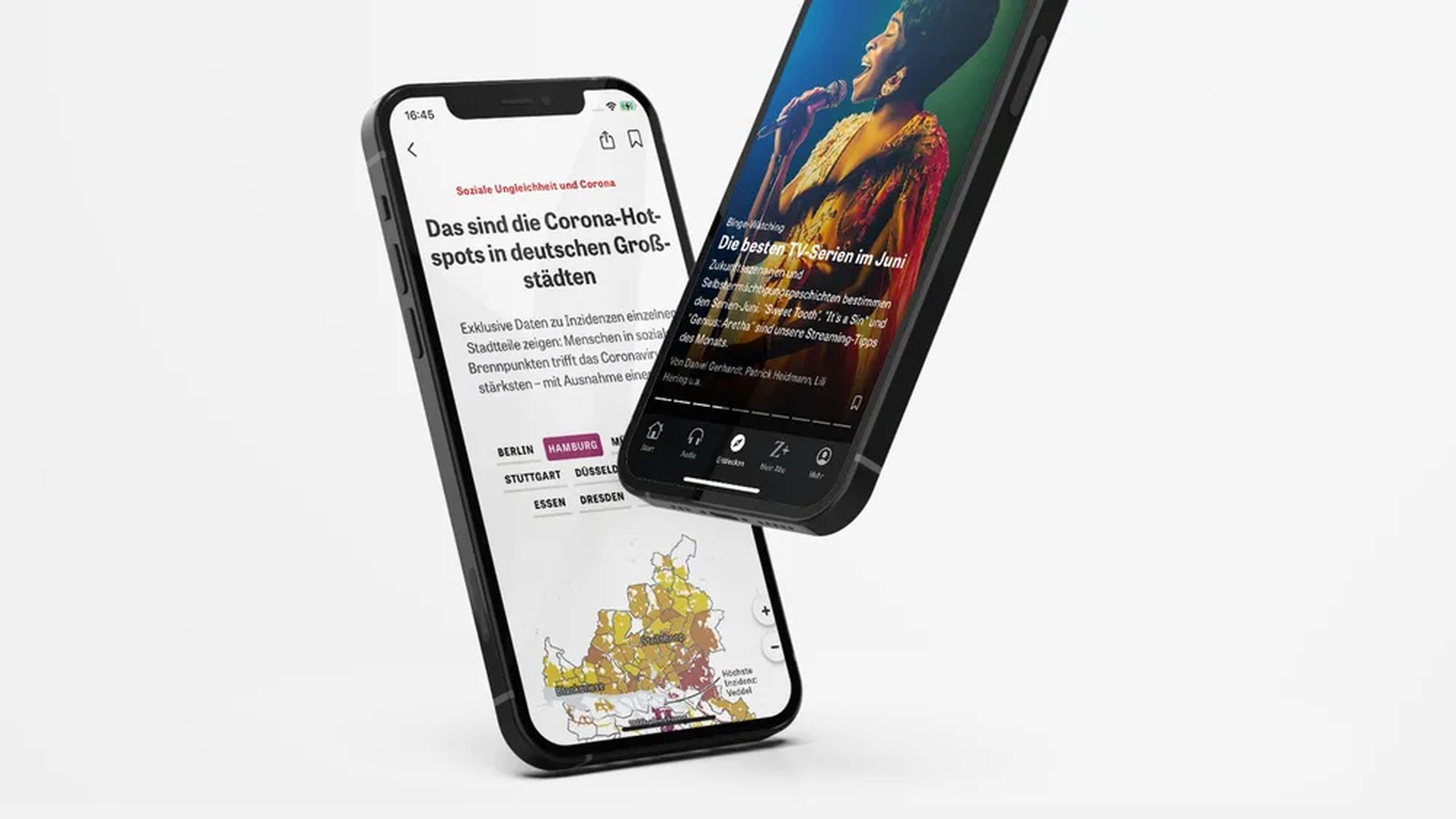 Two phones running the ZEIT ONLINE app, showing an article with a data map and the culture feed